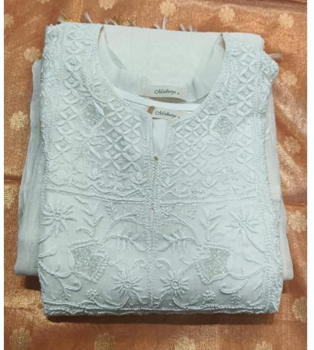Chikankari Chanderi suit set W/dup & slip