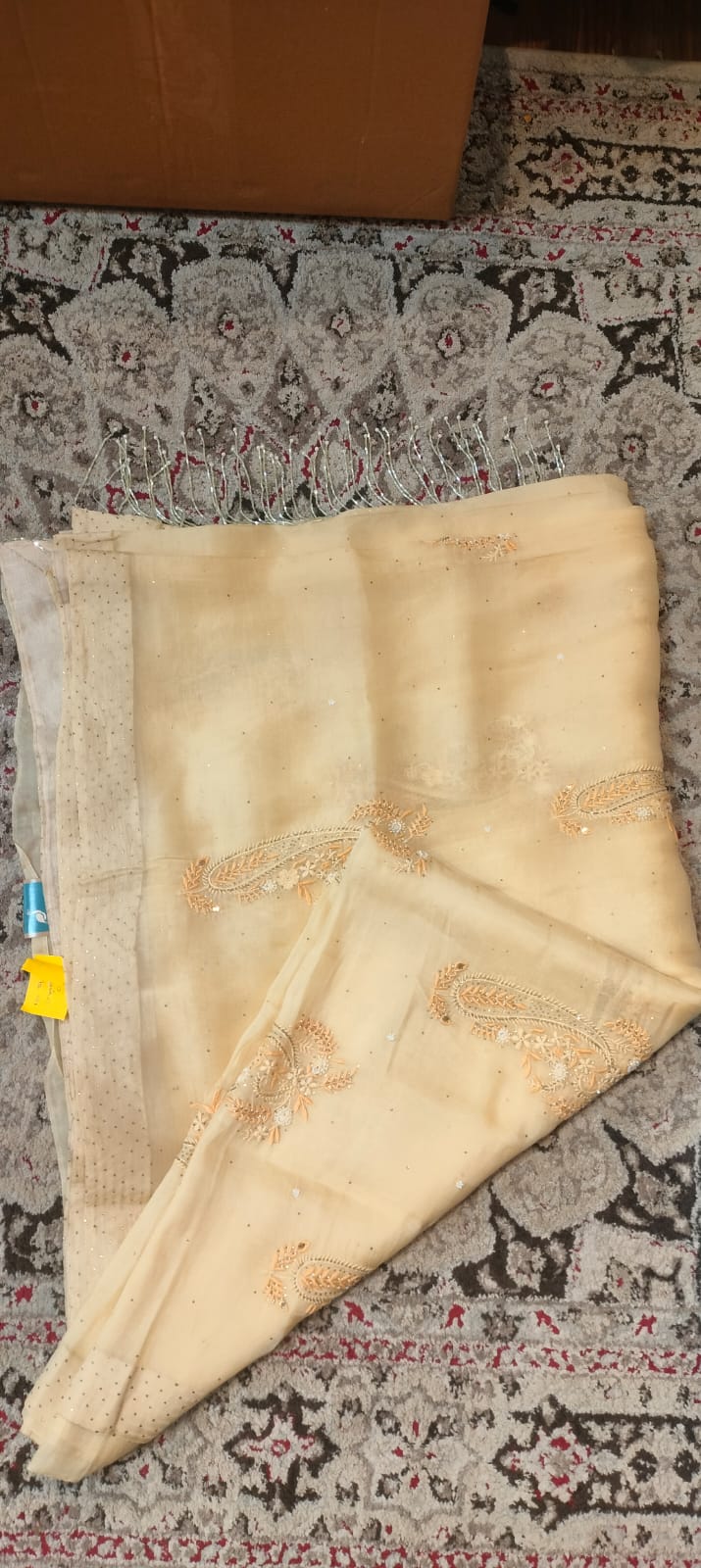 Cream Organza Chickenkari Saree