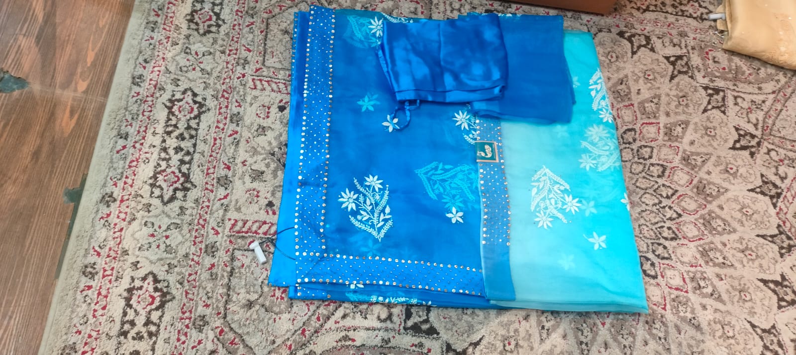 Blue Organza Chickenkari Saree