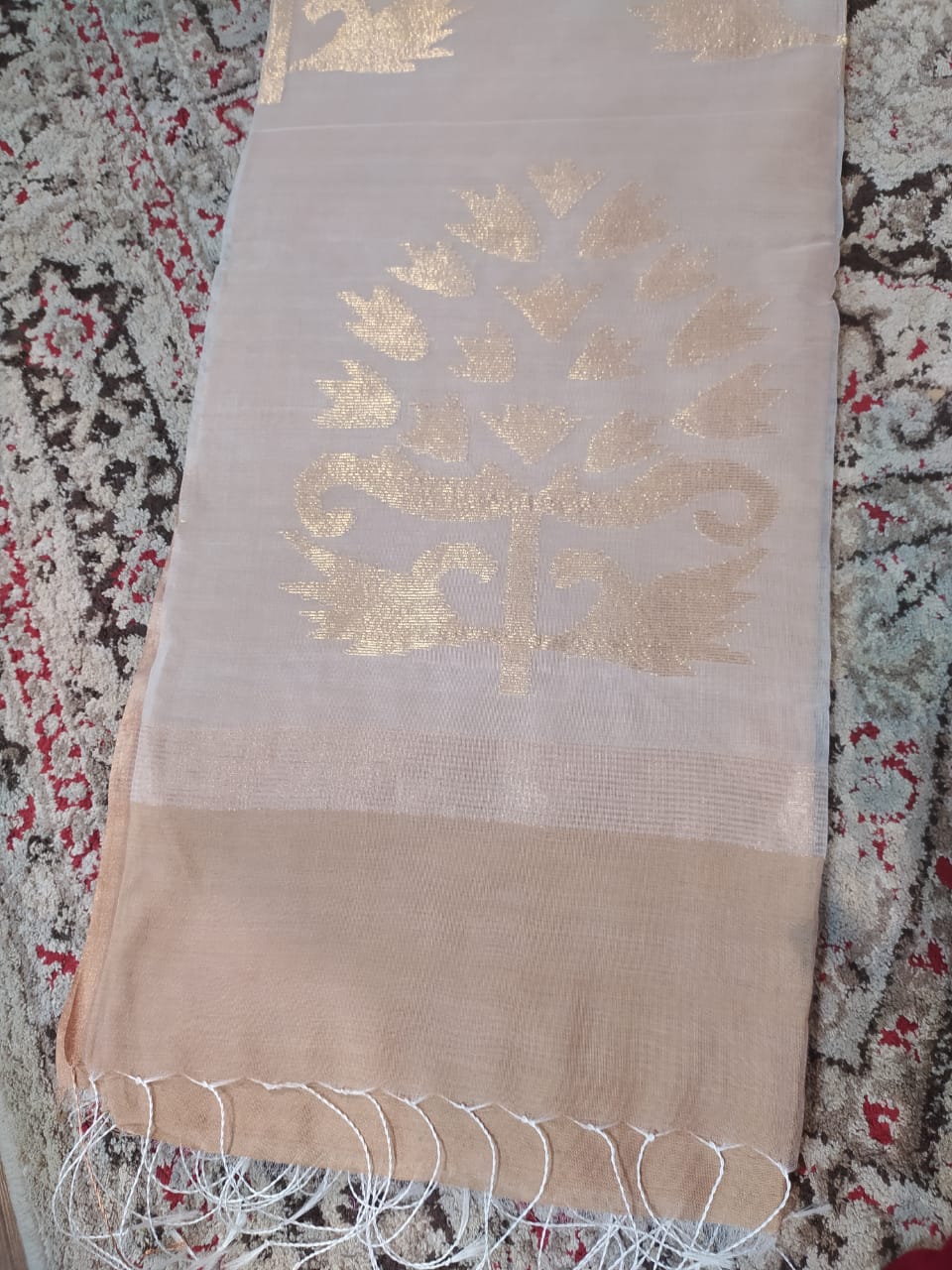 Off - White Cotton Jamdhani Saree